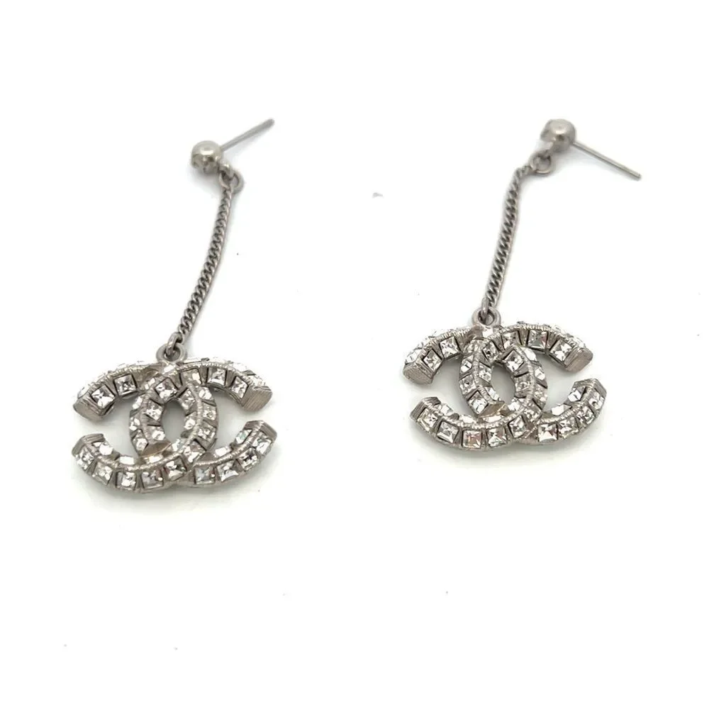 CHANEL Baguette Crystal CC Drop Earrings Silver